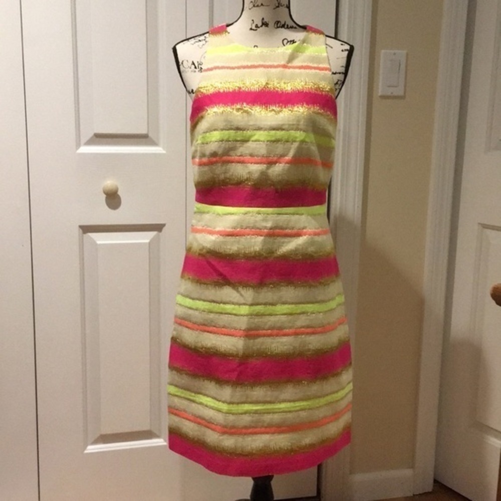 NWT Laundry Neon & Gold Stripe T back Dress 8 $225​ - Picture 7 of 8